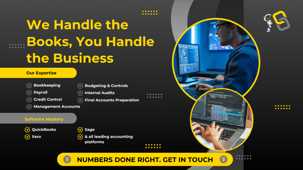 FlexiScribe bookkeeping and accountancy services leaflet – outsourced support for payroll, bookkeeping, credit control, management accounts, budgeting, internal audits, and final accounts preparation with QuickBooks, Sage, and Xero