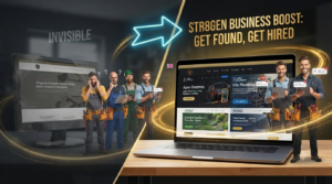 Local trade business web design comparison showing an invisible website versus a high-converting laptop mockup for electricians, plumbers, and gardeners